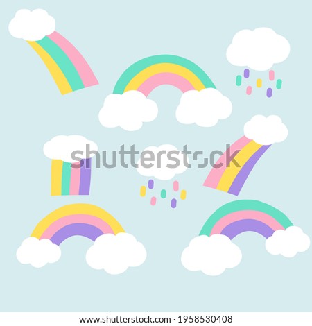 Contemporary art style colorful rainbows set.Hand drawn rainbows in different shapes. Little rainbow and clouds, cute set