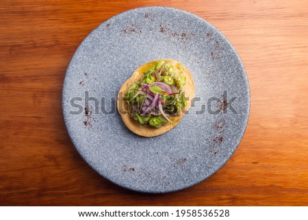 Mexican gourmet taco with green chili and purple onion on a marble plate. Mexican gourmet taco. Mexican food