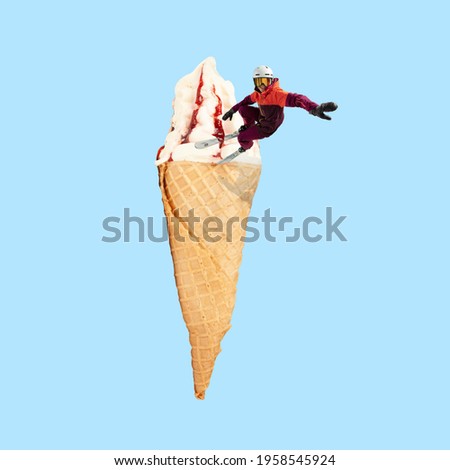 Way of cooling. Excited skier riding on giant icecream with jam on blue background. Copy space for ad, text. Modern design. Conceptual, contemporary bright artcollage. Summertime, fun mood.