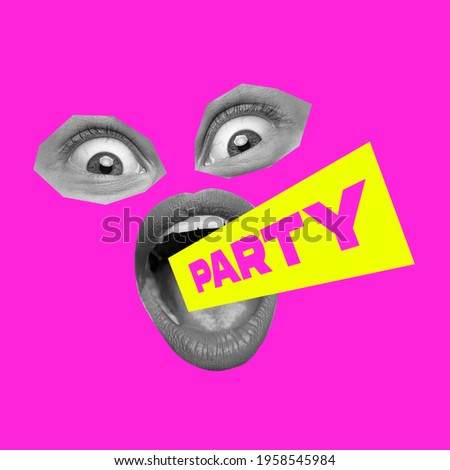 Face in magazine style, excited eyes and mouth calling to having fun on pink background. Copy space for ad, text. Modern design. Conceptual, contemporary bright artcollage. Party time, fun mood.