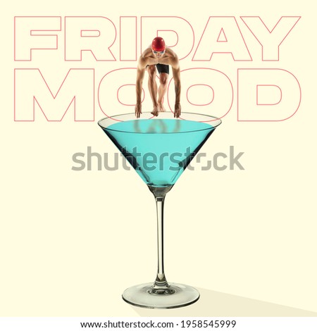 Friday mood. Professional swimmer jumping in martini cocktail glass on yellow background. Copy space for ad, text. Modern design. Conceptual, contemporary bright artcollage. Party time, fun mood.
