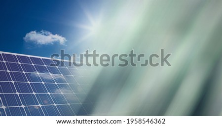 Composition of solar panels against blue sky with screen of smoke. global environment, sustainability, global warming and climate change concept digitally generated image.