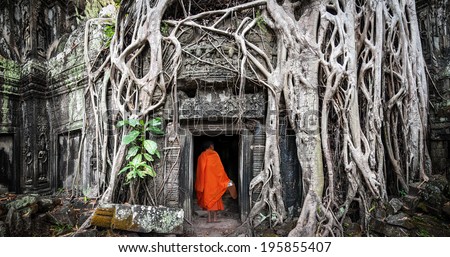 Monk in Angkor Wat Cambodia. Ta Prohm Khmer ancient Buddhist temple in jungle forest. Famous landmark, place of worship and popular tourist travel destination in Asia.  Royalty-Free Stock Photo #195855407