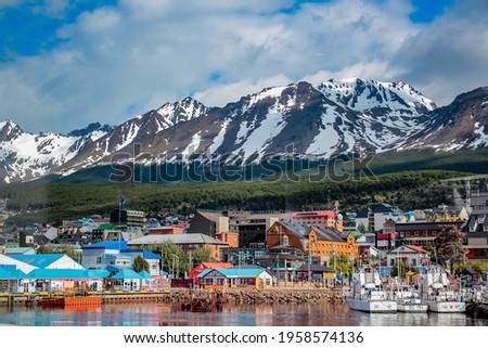 Ushuaia view from the boat. Tierra del Fuego province in Argentina. Patagonia. End of the world Royalty-Free Stock Photo #1958574136