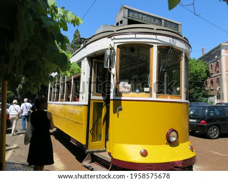 Yellow tram waiting for passengers, Lisbon, Portugal