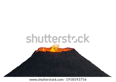 Volcano crater during lava eruption isolated on white background