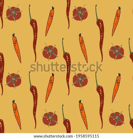 Seamless pattern from red chilli peppers, carrots and tomatoes on the yellow background. 2D illustration. Food painting for wrapping paper and kitchen design.Decorative elements for packing.