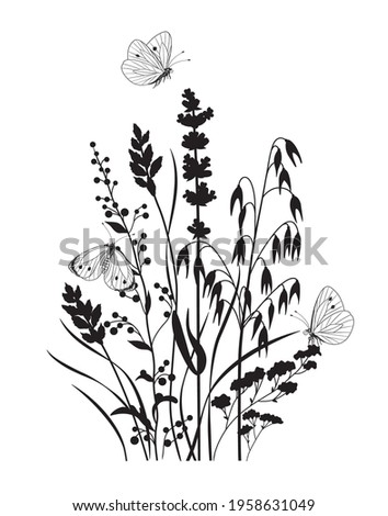 Monochrome composition with butterflies and wild flowers. Black silhouette of wildflowers, grasses, flying and sitting butterflies on white background. Vector illustration.