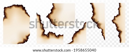 Burn paper borders, set of burnt pages with smoldering fire on charred uneven edges, parchment sheets in ash. Burned, torn or ripped frame. Realistic 3d vector illustration Royalty-Free Stock Photo #1958655040