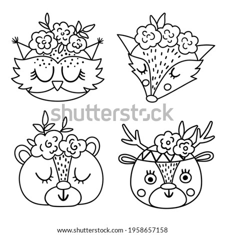 Set of vector cute wild animal black and white faces with flowers on their heads. Boho forest avatars collection. Funny line illustration of owl, bear, deer, fox for kids. Woodland icons pack 

