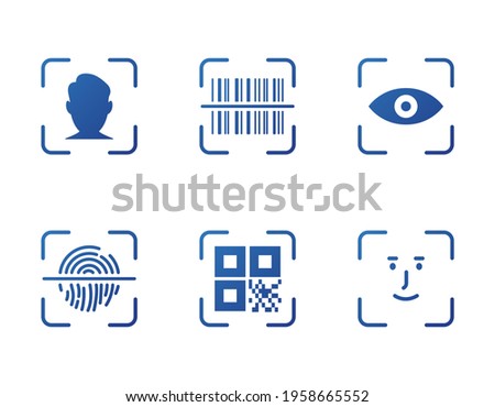Fingerprint, Face ID, Barcode, Eye and QR Code Scanner. Identity Biometric Verification icon. QR Code Scan, Barcode Scan and Face Recognition icon set. Security, ID Scanner icons. Vector illustration.