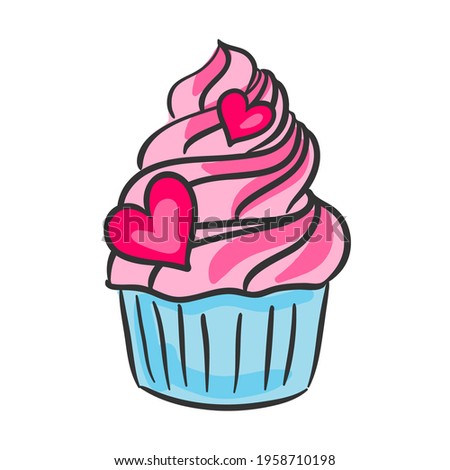Cupcake with pink cream cap with heart decoration. Doodle muffin isolated on white.