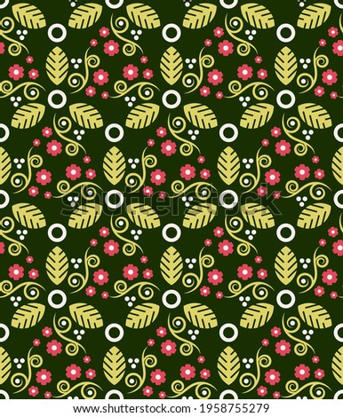 Luxurious floral seamless pattern. Red and white flowers, circles, light green leaves and twisted swirling stripes are grouped and lined up in a certain order on a black background. vector
