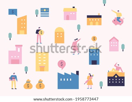 Building and people pattern poster in pink pastel color. People icons looking for real estate prices and investment assets. flat design style minimal vector illustration.