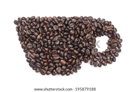 Coffe seeds make shape like a cup on white background