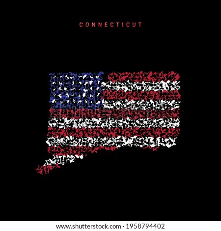 Connecticut US state flag map, chaotic particles pattern in the colors of the american flag. Vector illustration isolated on black background.