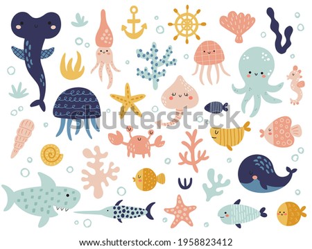 vector set of cute underwater animals, fish collection for kids, children clip art for textile, decoration, posters, etc
