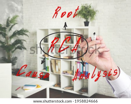 The inscription RCA Root Cause Analysis . Simple and stylish office environment on background.
