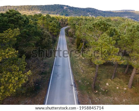 An aerial shot of a narrow asphalt road through a dense forests