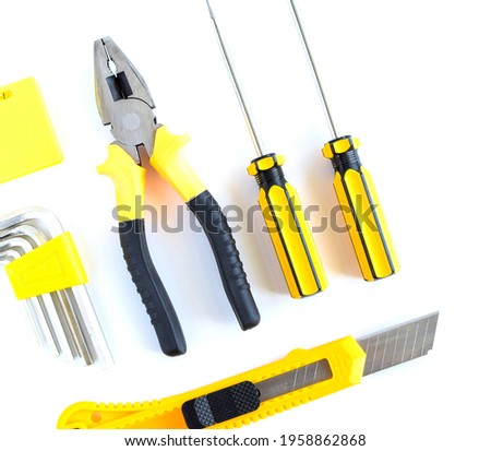 Layout of carpentry tools isolated on white background. Set of hand building tools. Equipment for the repairman.