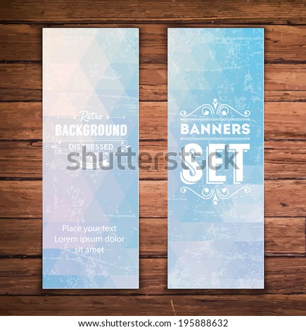 Abstract vertical vector eps10 banners with trendy subtle light blue multicolored polygonal pattern.