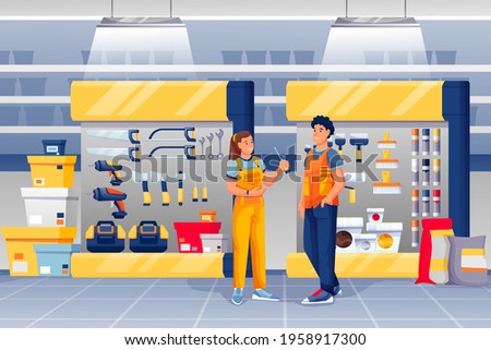 People in hardware shop. Woman assistant standing and talking to man vector illustration. Tools and materials store interior design panorama with drills, toolkits, hammers, screwdrivers. Royalty-Free Stock Photo #1958917300
