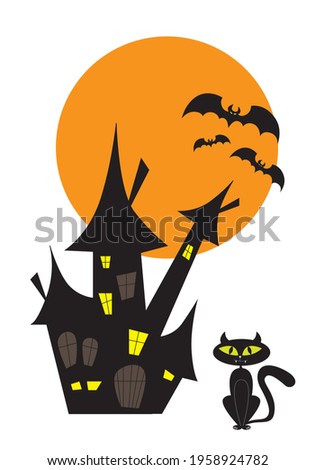 Halloween castle, cat and bats isolated icon for greetings. Vector illustration.