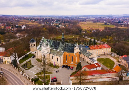 Aerial view of Krasnik town historical center with Cathedral and buildings, Poland