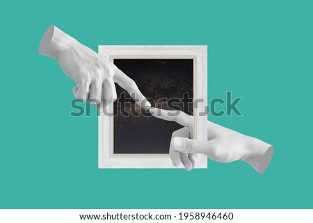 Digital collage modern art. Hands, pointing finger through out of picture frame Royalty-Free Stock Photo #1958946460