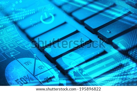 Computer keyboard with glowing charts, digital marketing concept