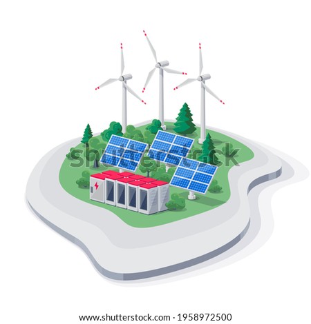 Vector illustration of photovoltaic solar panels, wind turbines and rechargeable lithium-ion battery electricity storage backup. Renewable energy electric smart power station island off-grid system. Royalty-Free Stock Photo #1958972500