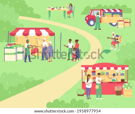 Spring summer sale at the fair. Tents with vegetables, flowers and utensils. Family fun, walking around the fair. The man plays the guitar and sings the song. Flat vector illustration.