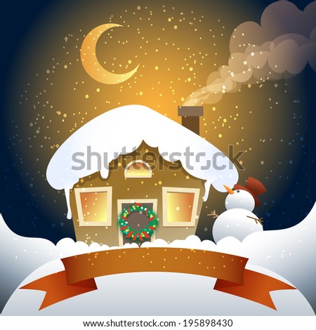 A vector illustration of village hut with wrench on a door and snowman against empty banner