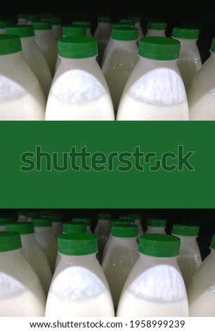 Milk sale vertical flyer with green stripe for ad text. Row of plastic bottles on supermarket shelves. Fresh farmers food. Retail industry banner. Healthy eating poster. Grocery store. Copy space.
