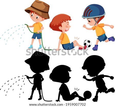 Set of a boy cartoon character doing different activities with its silhouette illustration