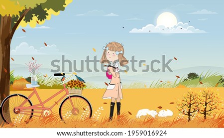 Cheerful girl wearing coat walking in Autumn field with maples leaves falling,Cute cartoon school girl with bicycle standing under tree,Vector fall season banner,Autumnal landscape background
