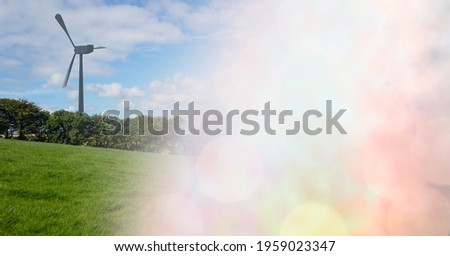 Composition of wind turbine in countryside with pink smoke. global environment, sustainability, global warming and climate change concept digitally generated image.