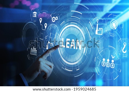 Businessman hand touching digital glass screen to discover lean quality control and manufacturing process management concept in business, six sigma. virtual interface with cogwheels Royalty-Free Stock Photo #1959024685