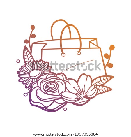 Shopping Box Rose Flower with Vintage Bag  Design. Basket Floral frame ornament vector style. Decoration Design Wreath illustration.