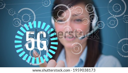 Composition of 5g text over scopes scanning and businesswoman using phone headset. global networking, communication and digital interface concept digitally generated image