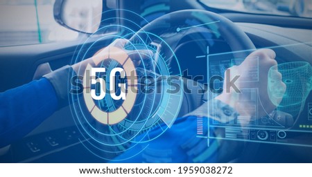 Composition of 5g text over scope scanning, digital screens and person driving car. global networking, communication and digital interface concept digitally generated image