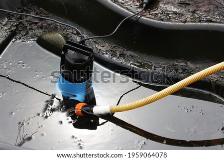 Cleaning a pond in the garden in spring with a pump