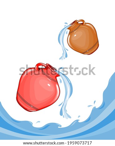easy to edit vector illustration Ceramic, glossy pitcher. Clay jug of water, water is pouring. Dishes for liquid. Ceramics. Isolated, white. Vector