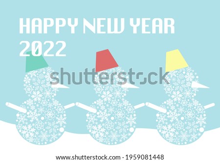 2022 New Year's card. A stylish New Year's card with three snowmen made of snowflakes. Vector illustration.