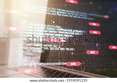 Multi exposure of abstract programming language hologram on computer background, artificial intelligence and neural networks concept