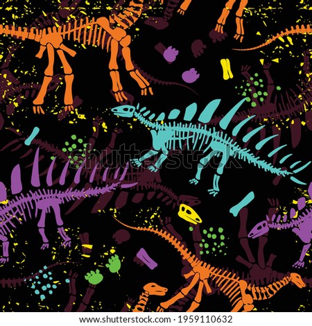 Dinosaurs skeletons silhouettes bone vector flat illustration seamless pattern in bright colors
