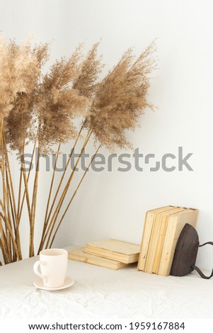 Home decor , blank picture frame near white painted concrete wall , dry Cane Reeds and old books, a cup of coffee