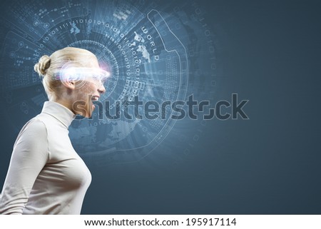 Young woman in white against media background wearing headphones