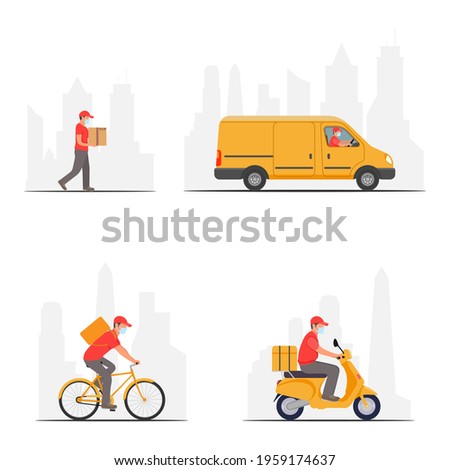 Set delivery service. Man riding a bicycle, car, scooter. Vector illustration.