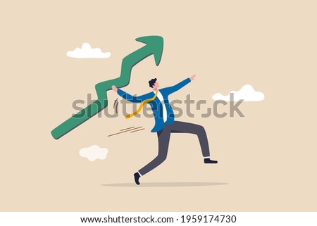 Business growth and improvement, target high profit, stock market soaring, bull market or economic prosperity concept, strong businessman throwing green rising up arrow javelin. Royalty-Free Stock Photo #1959174730